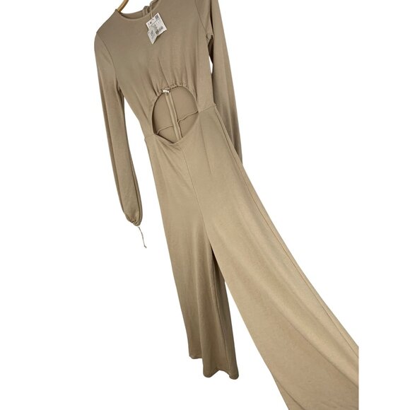 Zara Beige Long-Sleeve Cutout Jumpsuit Size S Crop Pouf Sleeves Tan RX10363 - Picture 4 of 14